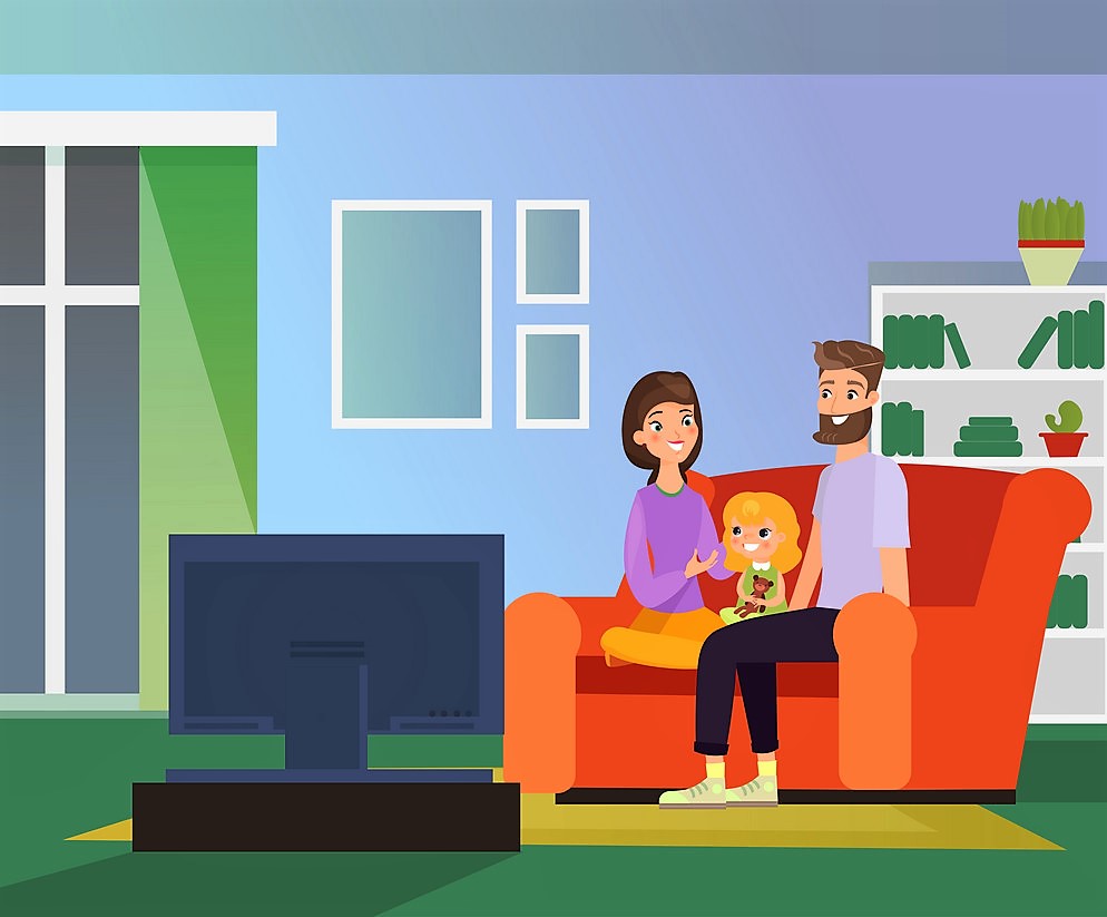 Vector illustration of family together watching TV, family evening. Happy parents and daughter sitting on sofa in living room watch television, cartoon flat style illustration. Vector illustration of family together watching TV, family evening. Happy parents and daughter sitting on sofa in living room watch television, cartoon flat style illustration
